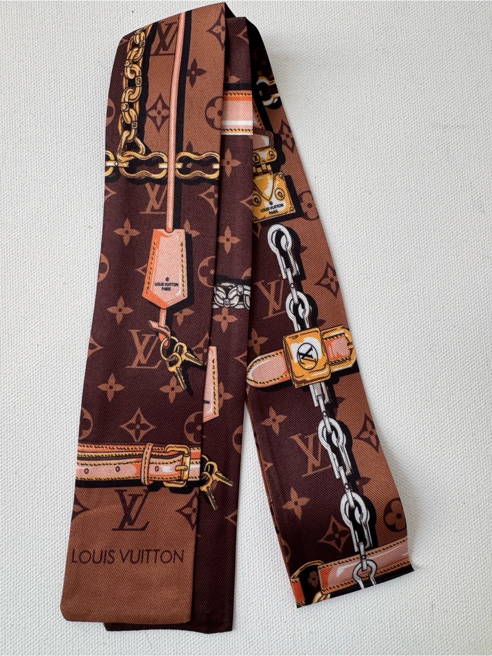 Luxe LV Brown Monogram Skinny Scarf Twilly Chain, Lock & Belt Print